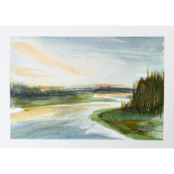 Watercolor Painting Orig. Sunset Bass Harbor Marsh Acadia Natn'l Park Signed 5x7 - Picture 1 of 3